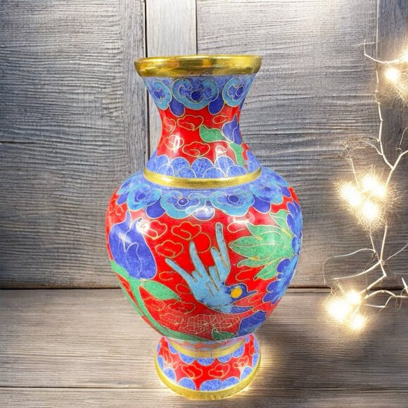 Chinese Cloisonne Vase Other - Vintage Chinese Cloisonne Vase Vessel Bud Vase Blue Red Bird Flowers Metal VTG